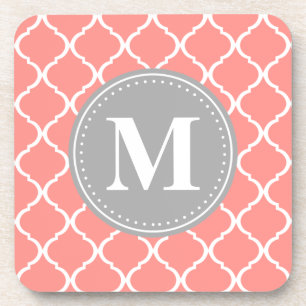 Coral Pink Moroccan Lattice Grey Monogram Coaster