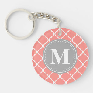 Coral Pink Moroccan Lattice Grey Monogram Key Ring