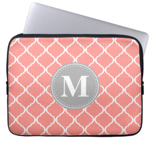 Coral Pink Moroccan Lattice Grey Monogram Laptop Sleeve