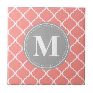 Coral Pink Moroccan Lattice Grey Monogram Tile