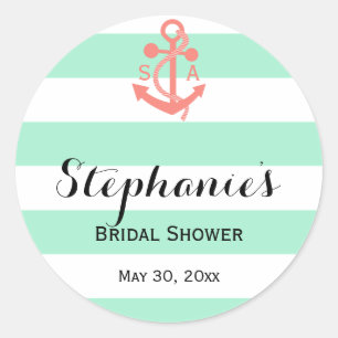 Coral Pink Nautical Anchor and Mint Bridal Shower Classic Round Sticker