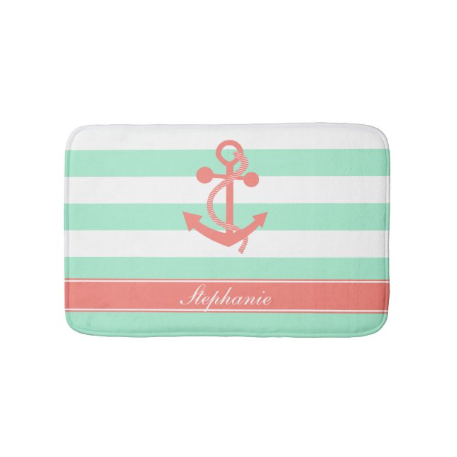 Coral Pink Nautical Anchor and Mint Green Stripes Bath Mat (Front)
