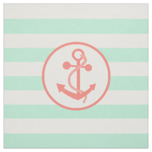 Coral Pink Nautical Anchor and Mint Green Stripes Fabric