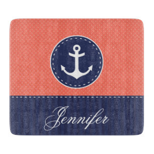 Coral Pink Navy Blue Anchor Custom Text Cutting Board