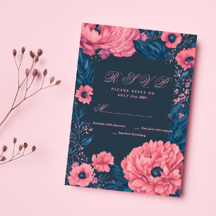 Coral pink navy blue watercolor floral RSVP Invitation