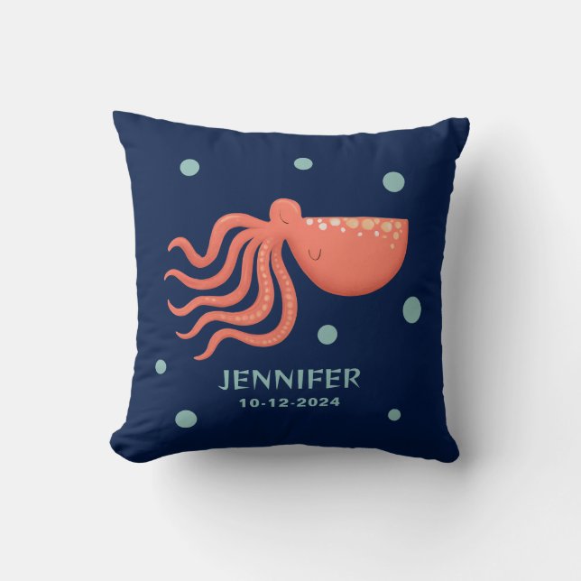 Coral Pink Octopus on Navy – Coastal Sea Design Cushion (Front)