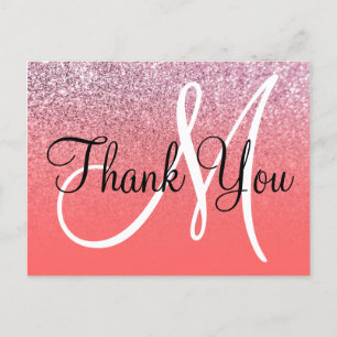 Coral Pink Ombre Glitter Monogram Thank You Postcard