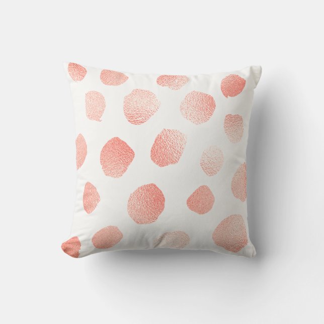 Coral Pink Painted Metallic Polka Dots White Cushion (Front)