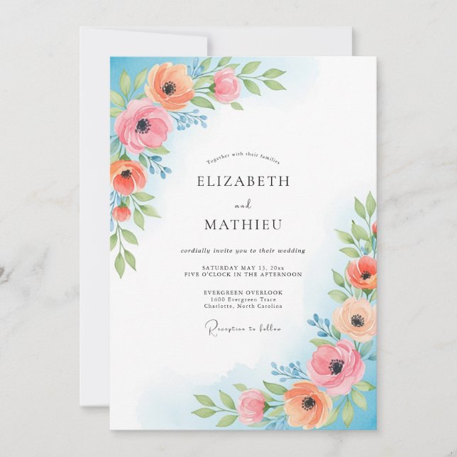 Coral Pink Painterly Bloom Wedding Invitation (Front)