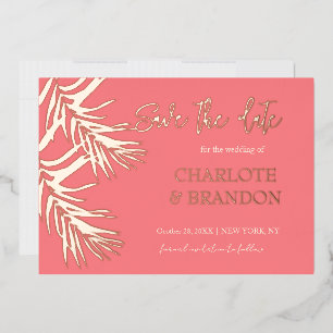Coral Pink Palm Leaves Wedding Save The Date  