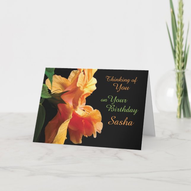 Coral Pink, Peach Orange Hibiscus Flower Birthday Card (Front)