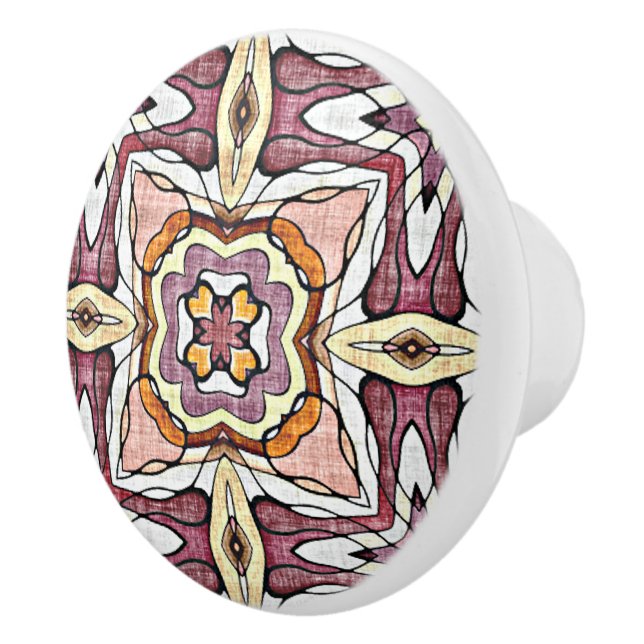 Coral Pink Peach Orange Mauve Taupe Tribal Art Ceramic Knob (Right)