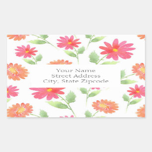 Coral Pink Peach Watercolor Daisy Pattern Rectangular Sticker