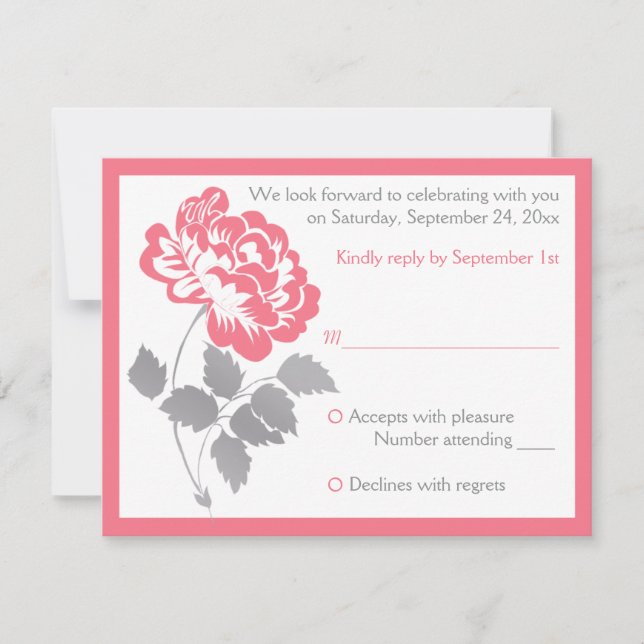 Coral Pink Peony with Grey Reply Card (Front)