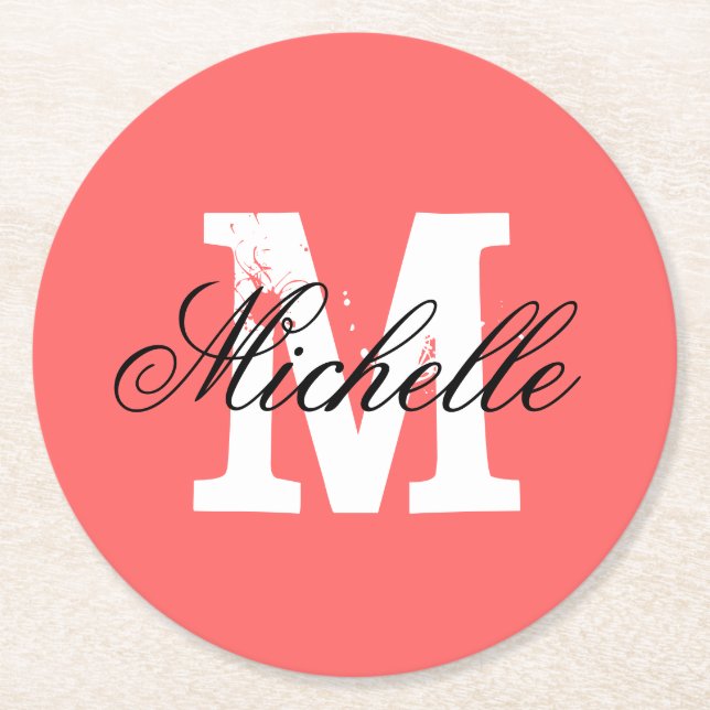Coral pink personalised monogram paper coasters (Front)