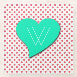 Coral Pink Polka Dots-Monogram Glass Coaster