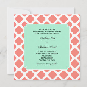 Coral Pink Quatrefoil and Mint Green Wedding Invitation