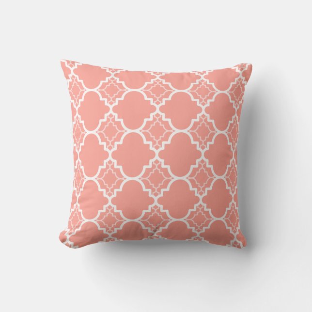 Coral Pink Quatrefoil Geometric Pattern Cushion (Front)