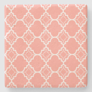 Coral Pink Quatrefoil Geometric Pattern Stone Coaster
