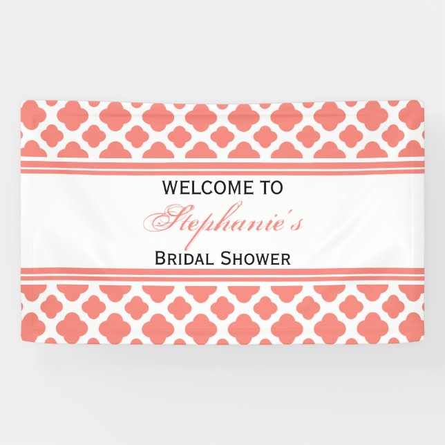 Coral Pink Quatrefoil Pattern Bridal Shower Banner (Horizontal)