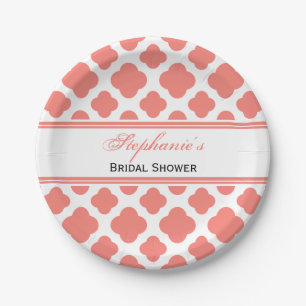 Coral Pink Quatrefoil Pattern Bridal Shower Paper Plate