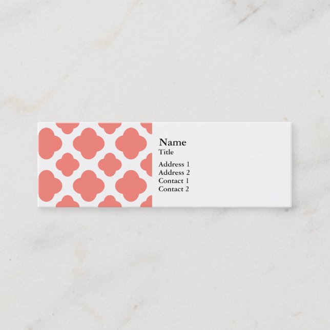 Coral Pink Quatrefoil Pattern Mini Business Card (Front)