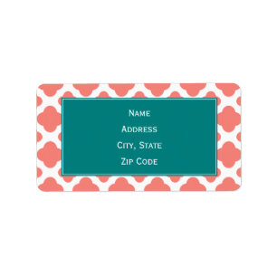 Coral Pink Quatrefoil Pattern with Teal Label