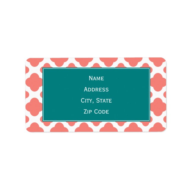 Coral Pink Quatrefoil Pattern with Teal Label (Front)