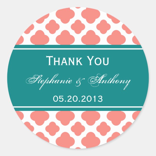 Coral Pink Quatrefoil Pattern with Teal Wedding Classic Round Sticker (Front)