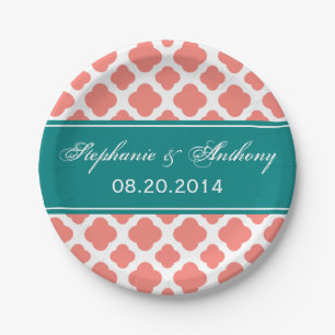 Coral Pink Quatrefoil Pattern with Teal Wedding Paper Plate