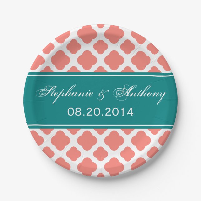 Coral Pink Quatrefoil Pattern with Teal Wedding Paper Plate (Front)