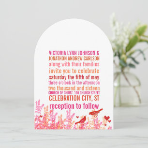 Coral Pink Red Floral Vintage Typography Love Bird Invitation