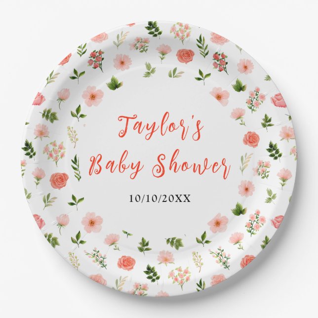 Coral Pink Red Roses Floral Baby Shower Paper Plate (Front)
