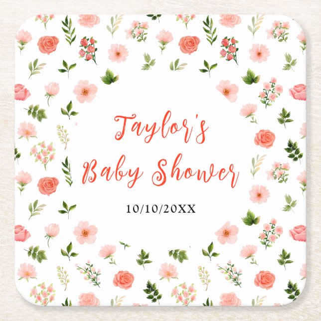 Coral Pink Red Roses Floral Baby Shower Square Paper Coaster (Front)