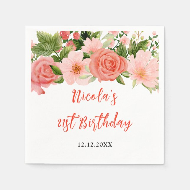 Coral Pink Red Roses Floral Birthday Napkin (Front)