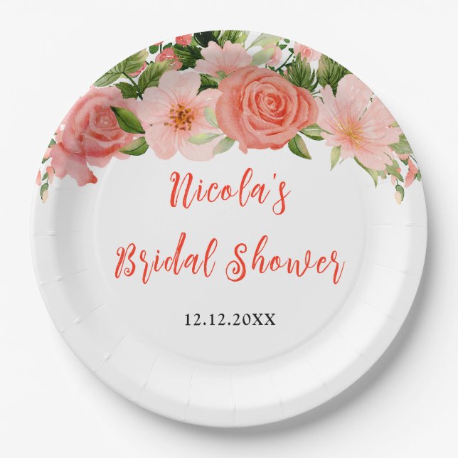 Coral Pink Red Roses Floral Bridal Shower Paper Plate (Front)