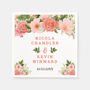 Coral Pink Red Roses Floral Wedding Napkin
