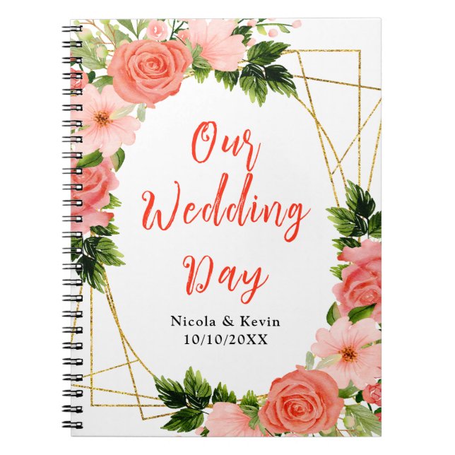 Coral Pink Red Roses Floral Wedding Planner Notebook (Front)