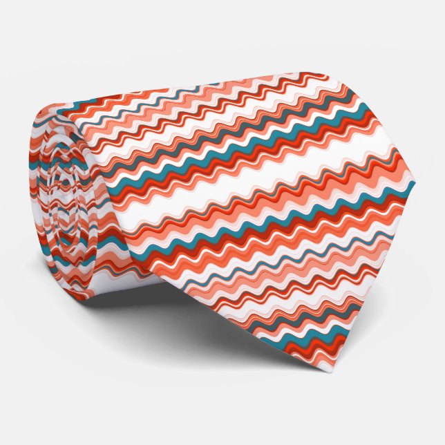 Coral Pink Red Wavy Zigzag Pattern Tie (Rolled)