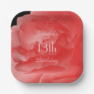 Coral Pink Rose 13th Birthday Party Name Square Paper Plate