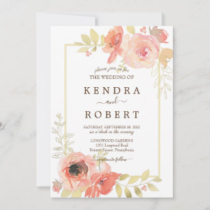 Coral Pink Rose and Gold Frame Floral Wedding Invitation