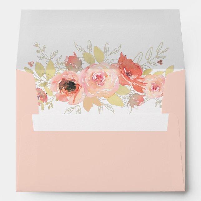 Coral Pink Rose and Gold Leaves Wedding Envelope (Back (Bottom))