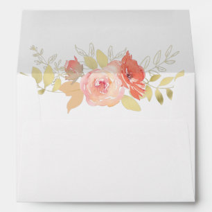 Coral Pink Rose and Gold Leaves Wedding Envelope