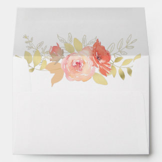 Coral Pink Rose and Gold Leaves Wedding Envelope