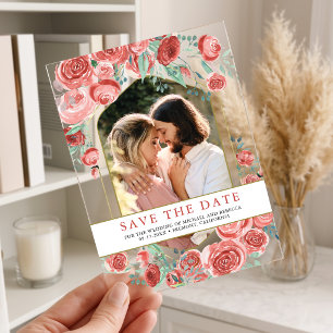 Coral Pink Rose Floral Photo Wedding Save the Date Acrylic Invitations