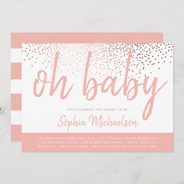 Coral Pink & Rose Gold Confetti Oh Baby Shower Invitation (Front/Back)