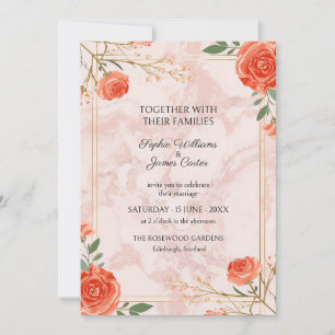 Coral Pink Rose Marble Wedding Invitation