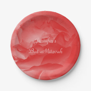 Coral Pink Rose, Name, Floral Bat Mitzvah Paper Plate