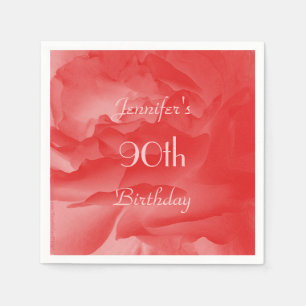 Coral Pink Rose Paper Napkins, 90th Birthday Napkin