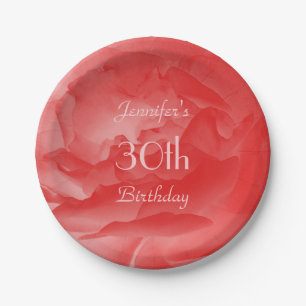 Coral Pink Rose Paper Plates, 30th Birthday Plate
